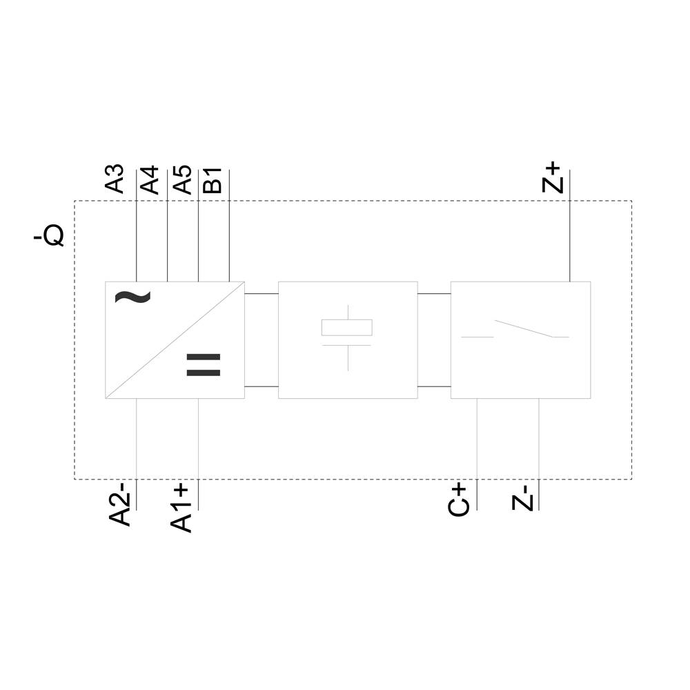 Flussdiagramm zeigt Verbindung von fünf Elementen, gekennzeichnet mit A2-, A1+, A3, A4, A5, B1, C+, Z+, Z', und Ď, verbunden durch Linien und Pfeile.