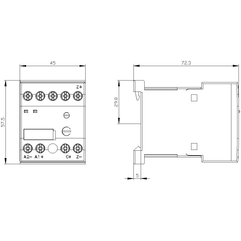 Technische Zeichnung eines elektronischen Geräts mit Abmessungen: 45x57,5 mm, Breite 72,3 mm, Höhe 29,8 mm. Anschlüsse sind markiert.