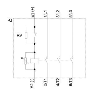 Schaltplan zeigt ein Relais (RV) und einen Schutzschalter (U). E1 (+) verbindet verschiedene Leitungen, A2 (-) am unteren Ende.