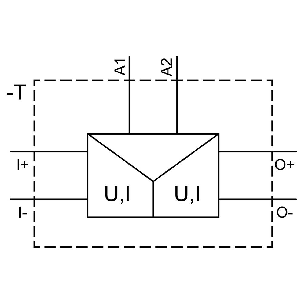 Schaltsymbol eines Operationsverstärkers mit Eingängen 'I+, I-', Ausgängen 'O+, O-', und Anschlüssen 'A1, A2'.