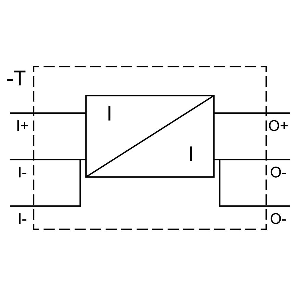 Ein Rechteck mit diagonalem Trennstrich, das elektrische Verbindungen anzeigt, darunter Ein- und Ausgänge mit 