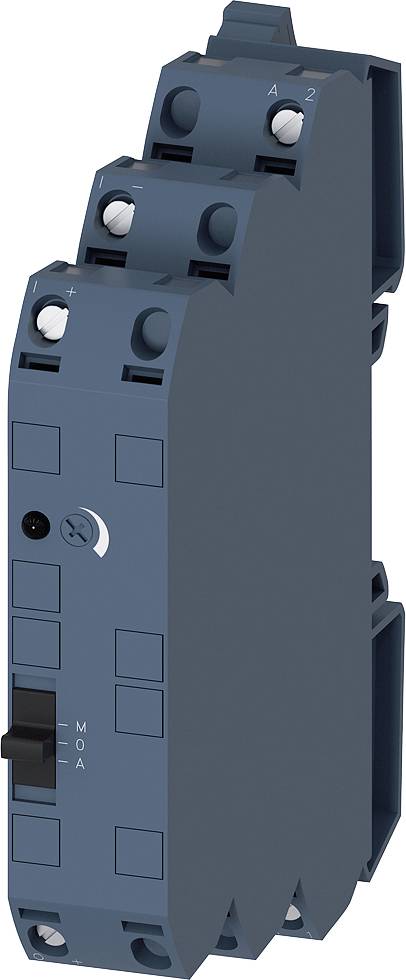 Ein schmales, dunkelblaues elektronisches Gerät mit mehreren Schraubklemmen und Schalter, möglicherweise ein Relais oder Schaltermodul.