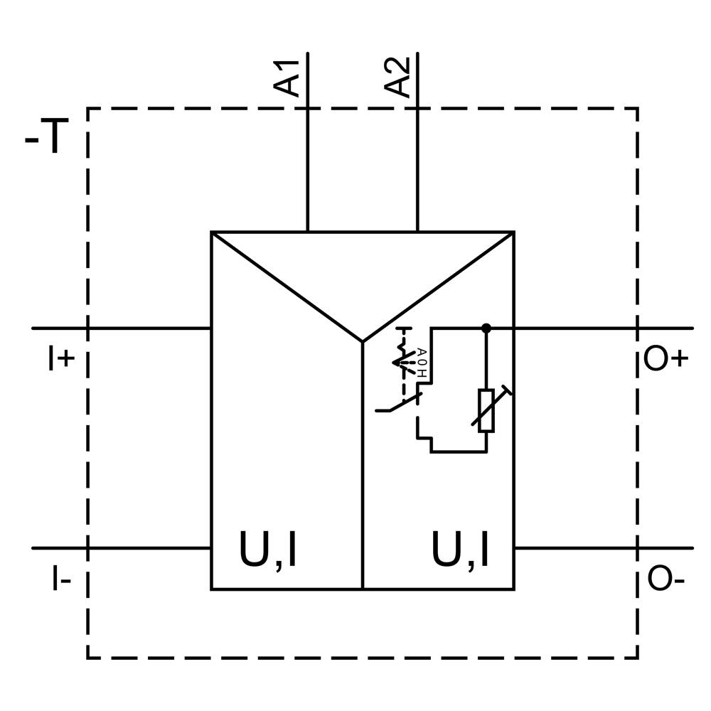 Ein Schaltplan zeigt zwei parallele Stromkreise mit U, I markiert und einem integrierten Diodensymbol. Oben erscheinen A1 und A2 Anschlüsse.