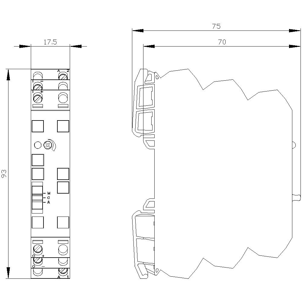 Technische Zeichnung eines elektrischen Relais mit Abmessungen: Höhe 93 mm, Breite 17,5 mm. Seiten- und Draufsicht sind dargestellt.