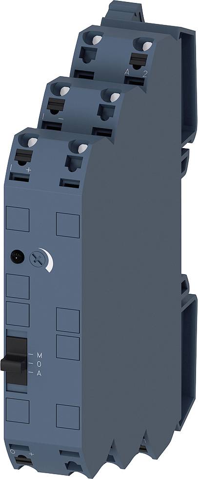 Ein blaues, schmal gebautes elektrisches Relaismodul mit seitlichem Schalter und mehreren Anschlussklemmen für industrielle Anwendungen.