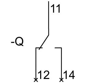 Schaltsymbol eines elektromechanischen Kontakts. Kontakt '11' ist normalerweise offen, verbindet '12' und '14', wenn geschlossen.