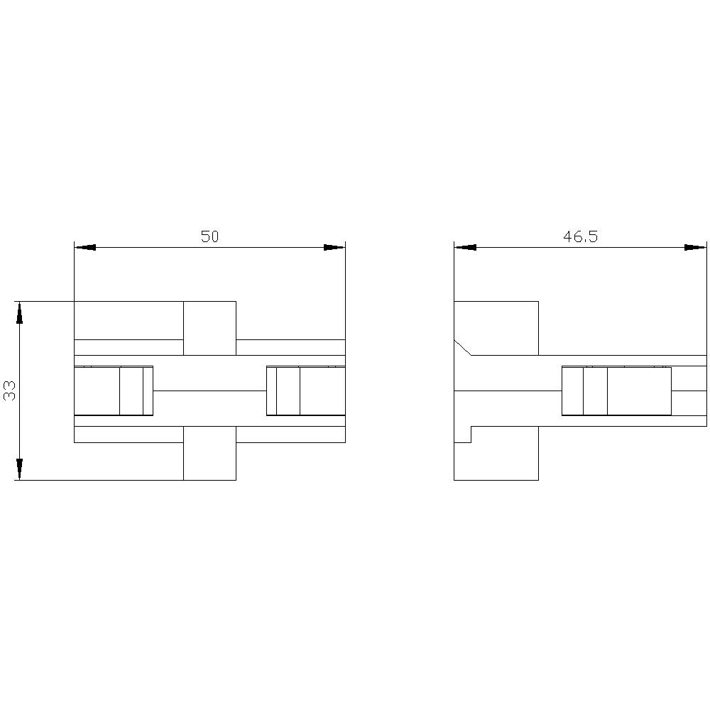 Technische Zeichnung eines Bauteils mit Abmessungen: Breite 50 mm, Höhe 33 mm und Tiefe 46,5 mm. Zeigt Ansichten von vorne und der Seite.