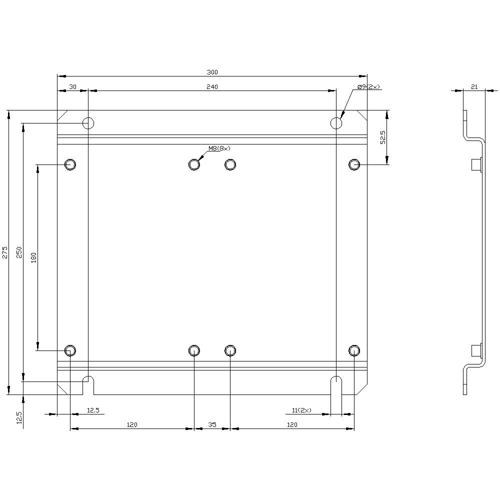 Technische Zeichnung eines quadratischen Metallrahmens mit genauen Maßangaben in Millimetern und Befestigungspunkten.