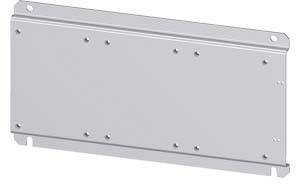 Metallplatte mit mehreren Befestigungslöchern. Rechteckige Form, silberne Oberfläche, möglicherweise Teil eines größeren Geräts.