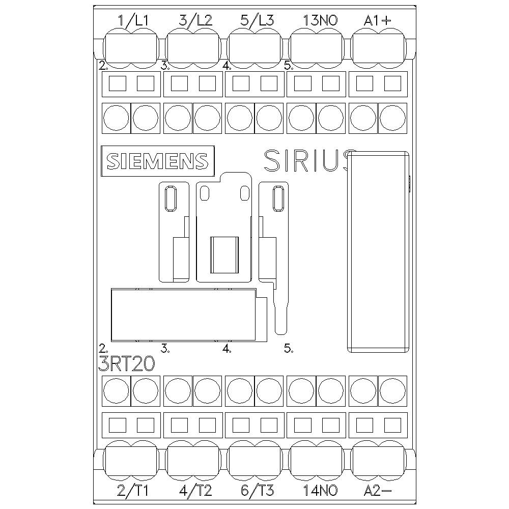 Schaltgerät von Siemens SIRIUS, Typ 3RT20, mit Anschlüssen für L1, L2, L3, 13NO, A1+, T1, T2, NO, A2. Schemaansicht der Verdrahtung.