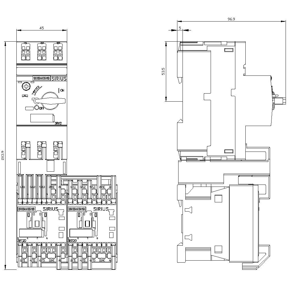 Technische Zeichnung eines elektrischen Bauteils mit Abmessungen. Vorder- und Seitenansicht zeigen Details von Schaltkomponenten und Anschlüssen.