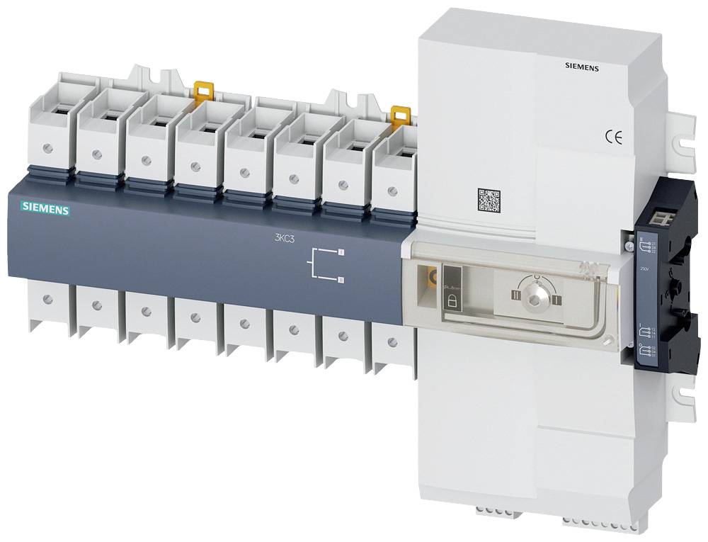 Ein sechspoliger Siemens-Leistungsschalter, Modell 3KC3, in Weiß mit grauem Bedienfeld. Verwendet zur elektrischen Schaltung und zum Schutz.