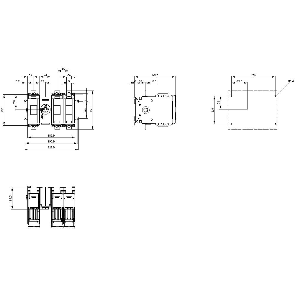 Technische Zeichnung eines mechanischen Bauteils mit detaillierten Abmessungen und Ansichten von verschiedenen Perspektiven.