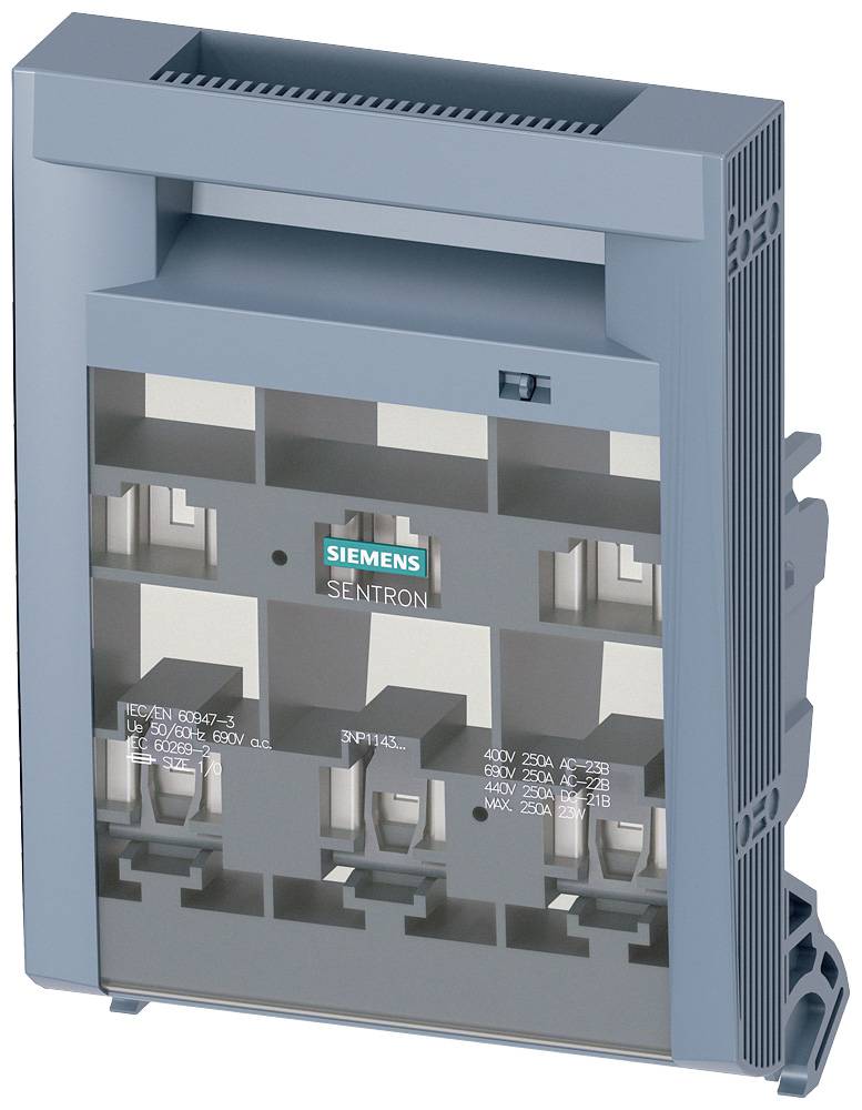 Ein graues Siemens Sentron elektrisches Schaltschrankzubehör, spezifisch für das Schneider Electric System. Es zeigt Fächer und Anschlüsse.