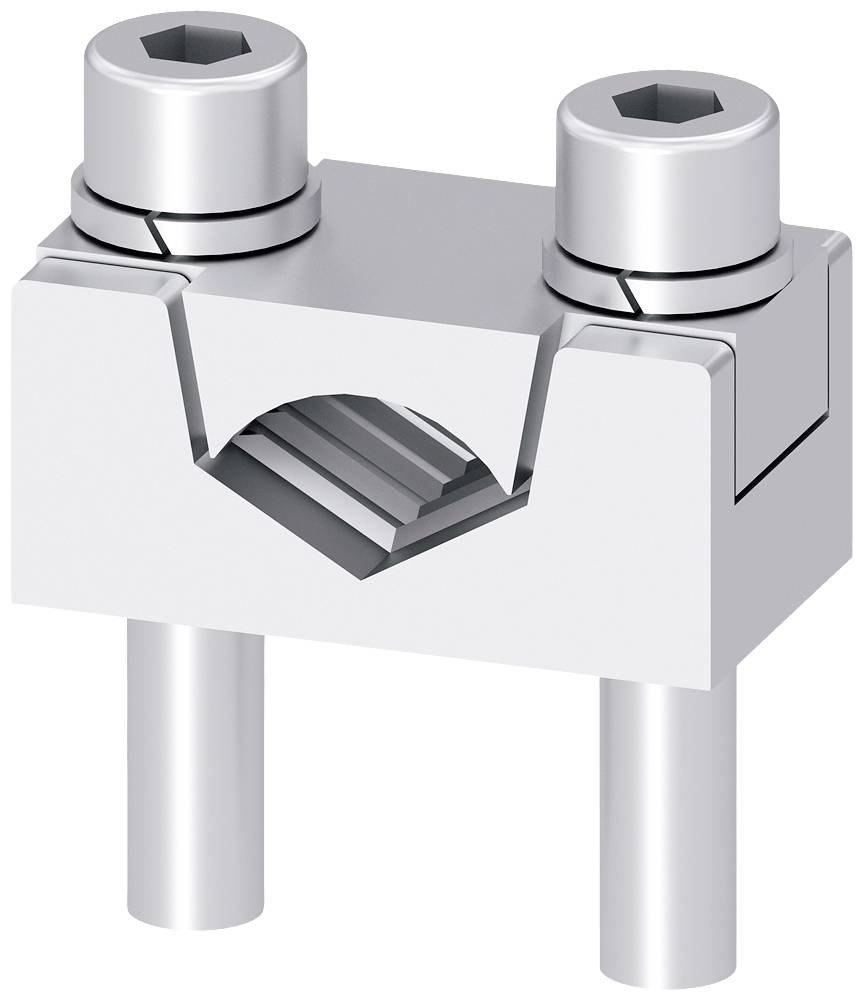 Ein silberner Metallverbinder mit zwei Schrauben und geriffelter Innenseite, geeignet für die Verbindung von Metallstangen oder -leisten.