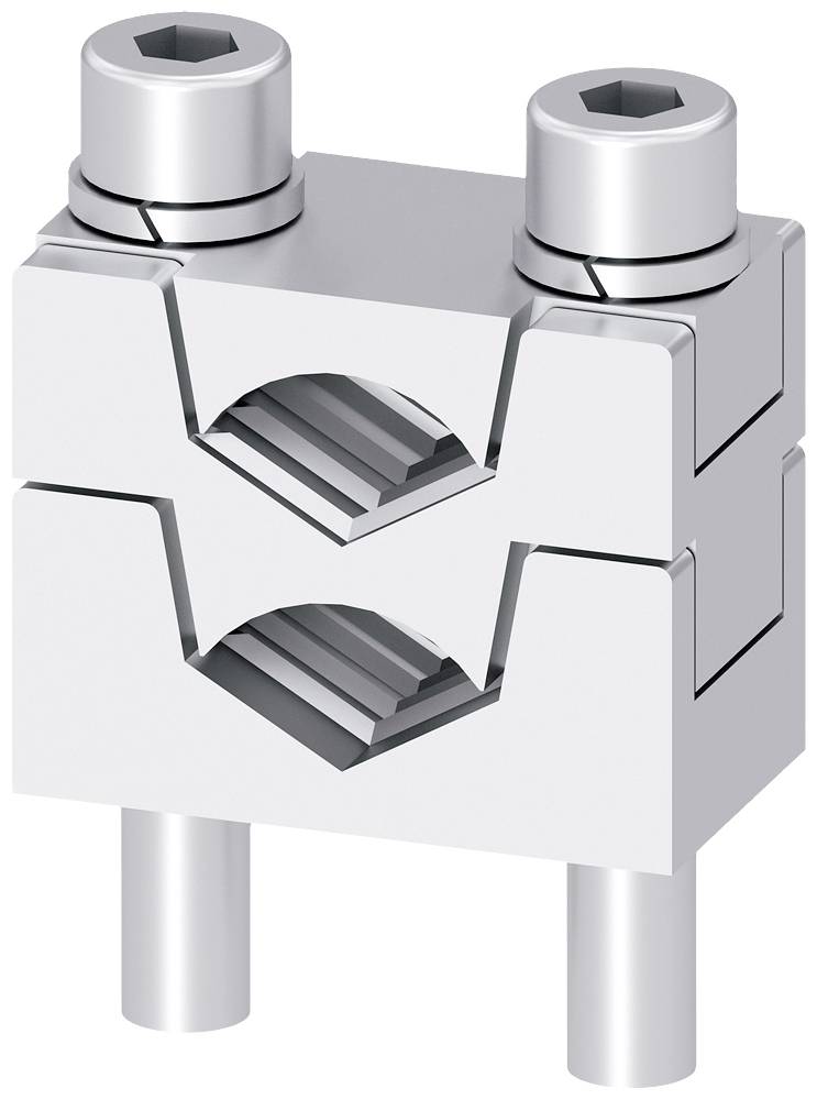 Ein silberner mechanischer Verbinder mit zwei Rillen und zwei Schraubenlöchern an der Oberseite, verwendet für industrielle Anwendungen.