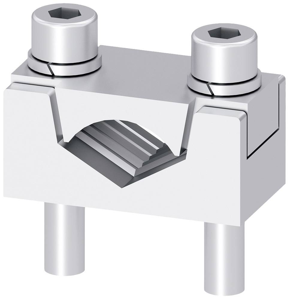 Ein silberner Metallblock mit zwei zylindrischen Erhebungen oben und einem gezackten Hohlraum in der Mitte. Used for clamping or holding.