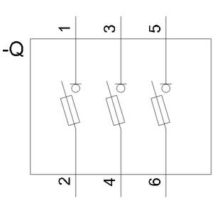 Schematische Darstellung eines elektrischen Schaltkreises mit drei Schaltern, die jeweils mit den Zahlen 1-6 beschriftet sind.