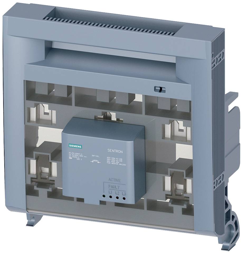 Ein grauer, elektrischer Leistungsschalter mit dem Logo 'Siemens'. Es zeigt verschiedene Komponenten und Anschlüsse.
