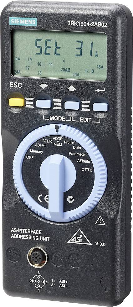 Ein Siemens AS-Interface-Adressiergerät mit schwarzem Gehäuse, Display oben, Drehschalter in der Mitte und mehreren Bedienelementen.