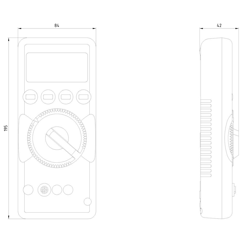 Technische Zeichnung eines digitalen Multimeters; Vorderansicht zeigt Drehknopf und Display, Seitenansicht zeigt Abmessungen: 195 mm x 84 mm.
