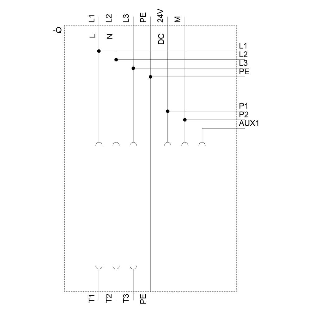 Einphasenanschluss mit Schutzleiter und Steuerleitung. Beschriftungen: L1, L2, L3, PE, 24V, P1, P2, AUX1, M, T1-T3.