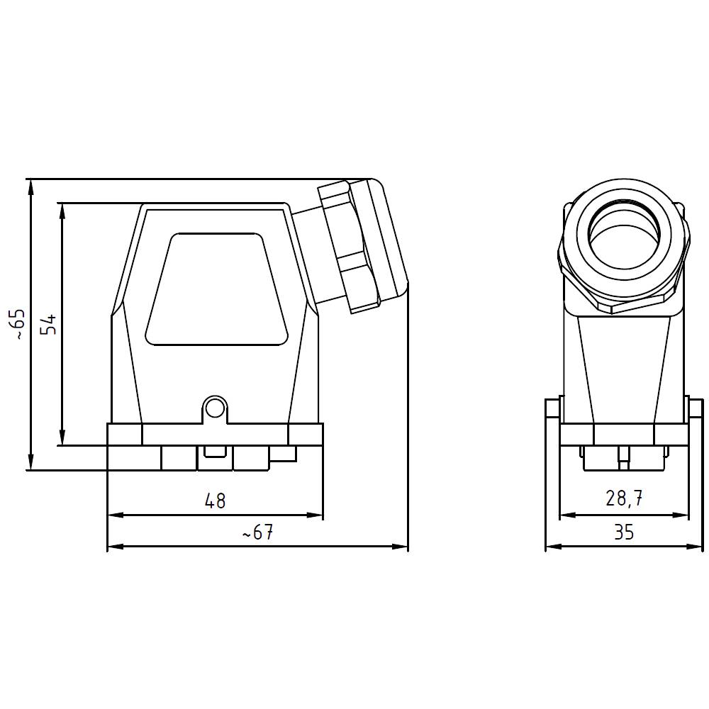 Technische Zeichnung eines mechanischen Teils mit Maßen: 54, 48, 28,7 und 35 Millimeter. Zeigt Vorder- und Seitenansicht.