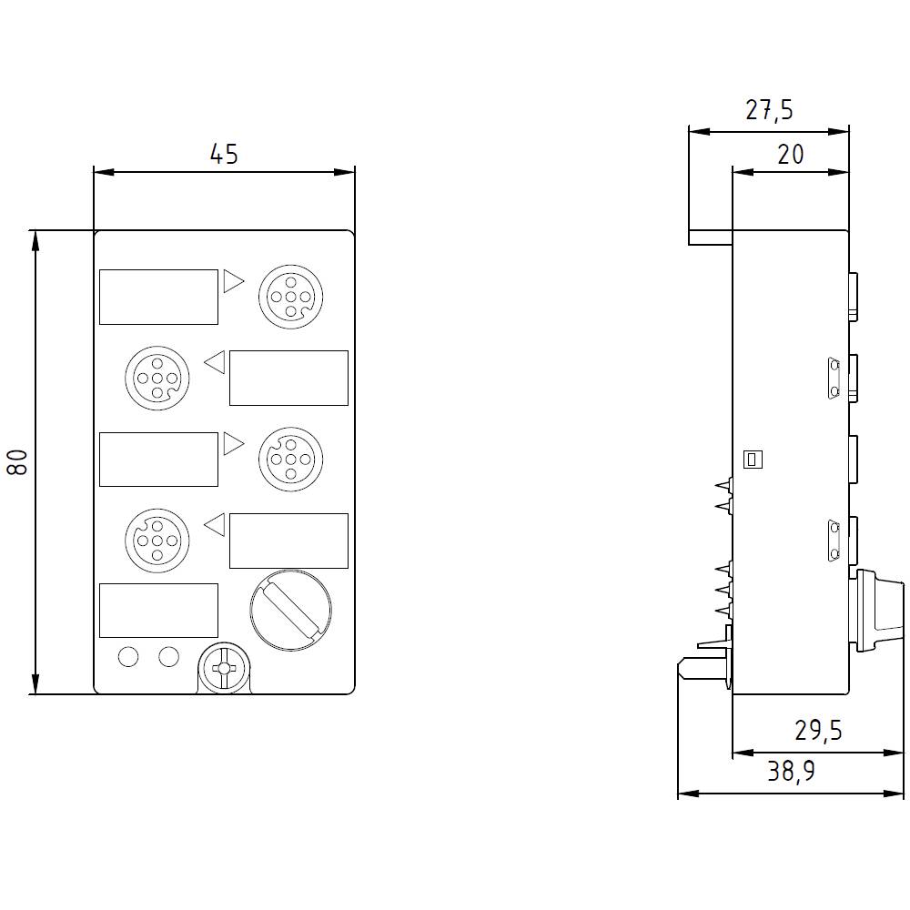 Technische Zeichnung eines rechteckigen Steckverbinders mit Maßen: Breite 45 mm, Höhe 80 mm, Seitenansicht 27,5 mm tief.