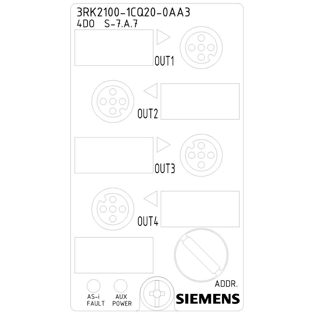 Beschriftung eines Siemens-Moduls mit vier Ausgängen OUT1 bis OUT4 und Hinweisen zu 'AS-i FAULT', 'AUX POWER', und 'ADDR.'