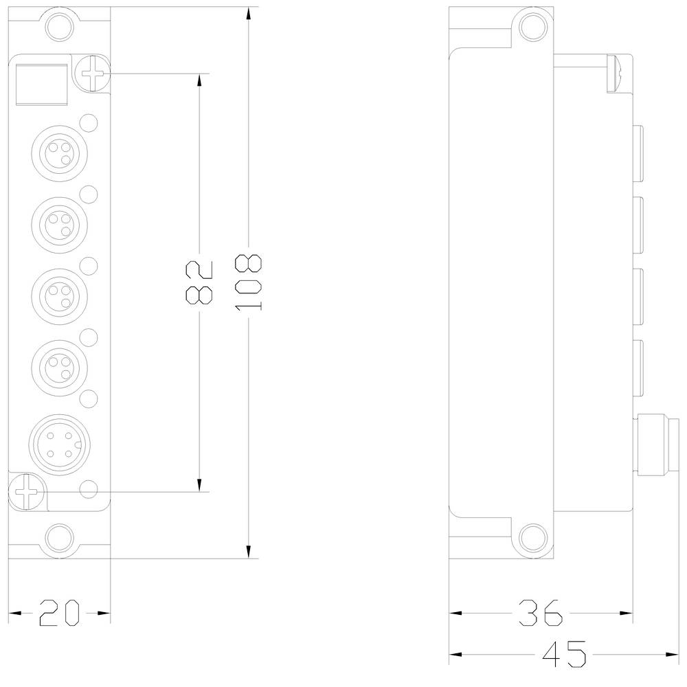 Technische Zeichnung eines rechteckigen Anschlussmoduls mit Steckerleisten. Maße: Höhe 108mm, Breite 20mm, Tiefe 45mm.