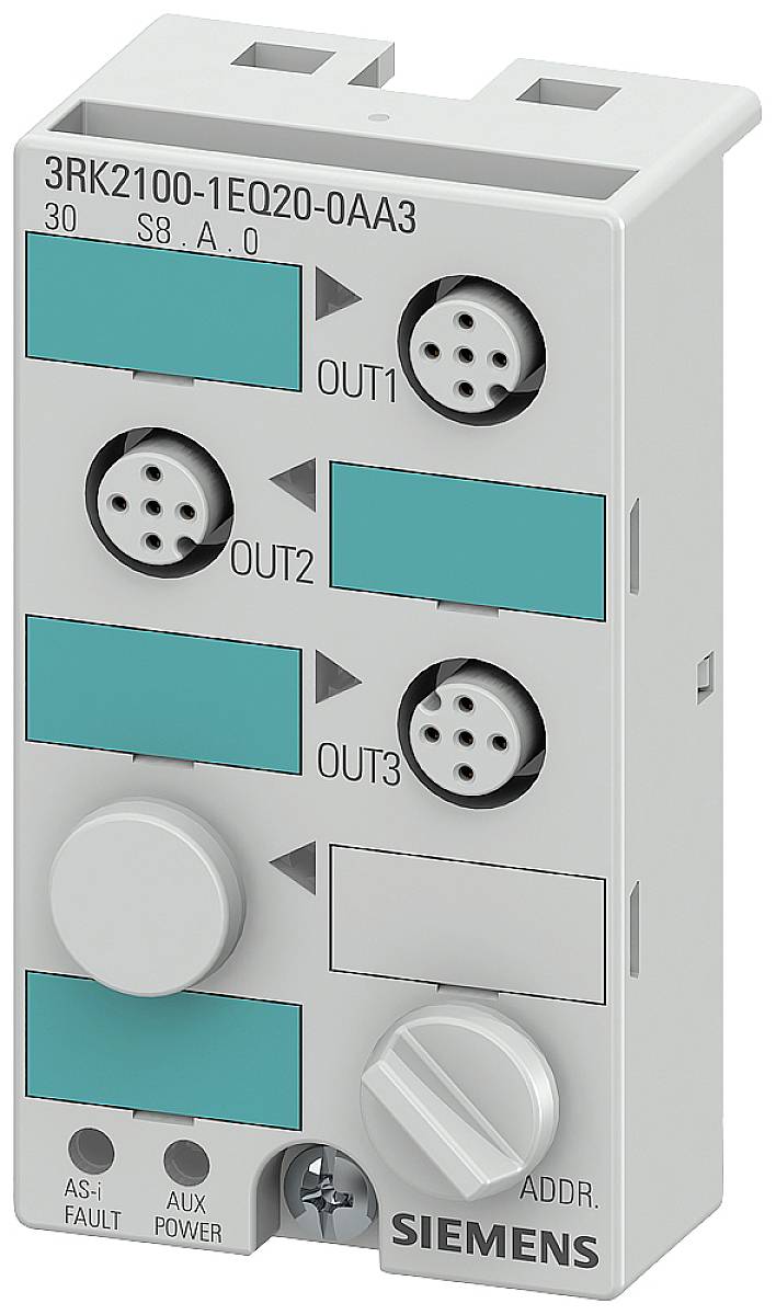 Siemens-Modul mit der Beschriftung 3RK2100-1EQ20-0AA3, zeigt zwei Ausgänge (OUT1, OUT2) und zwei Schalter, graues Gehäuse.