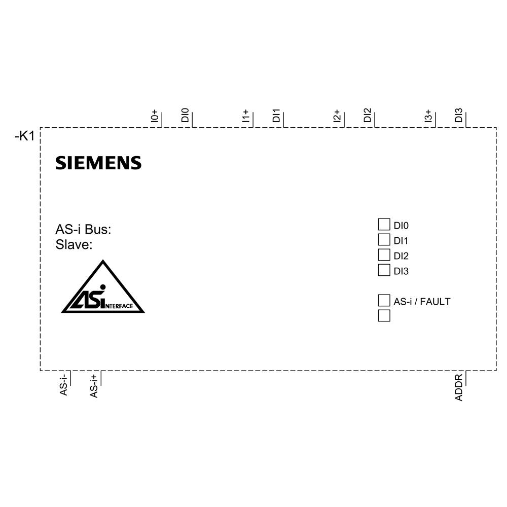 Diagramm einer Siemens AS-i Bus-Slave-Schnittstelle, zeigt vier Eingänge: DI0, DI1, DI2, DI3, und Statusanzeige für AS-i/Fault.