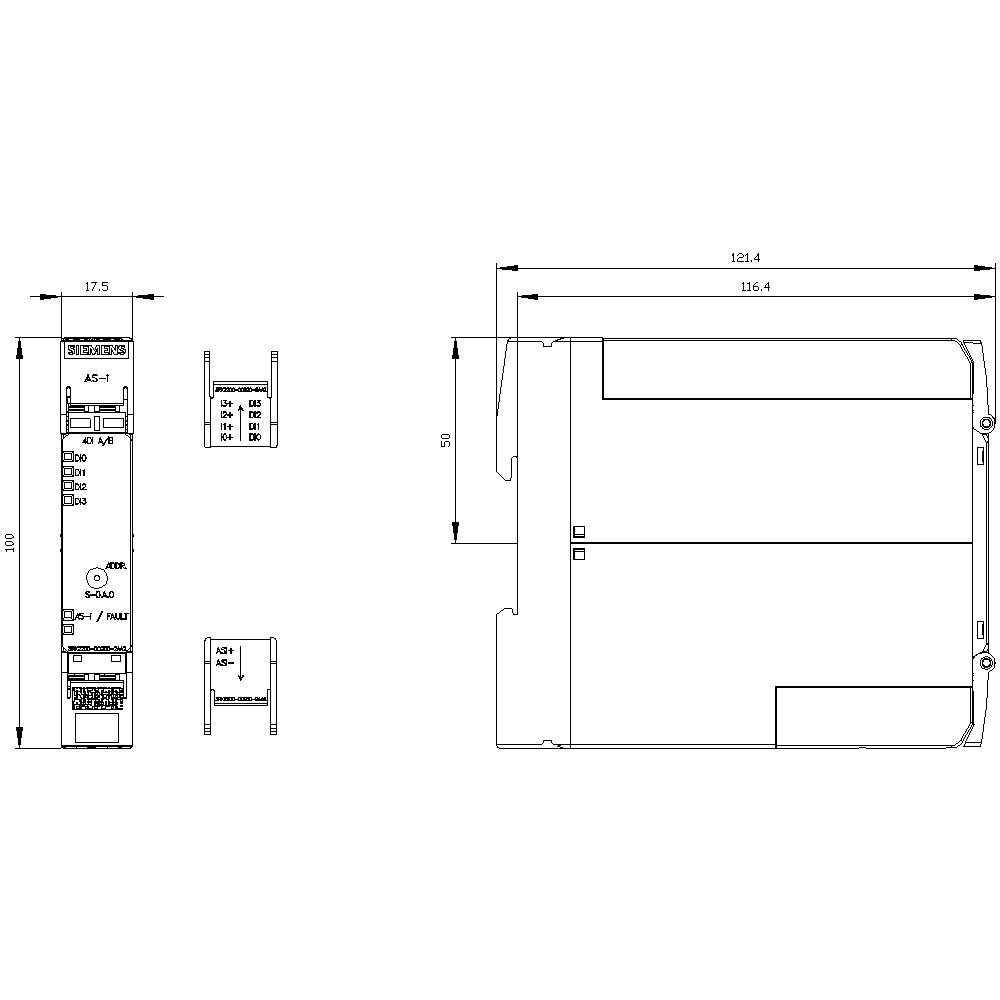 Technische Zeichnung eines elektronischen Geräts mit Abmessungen in Millimetern; zeigt Vorder-, Seiten- und Draufsicht.