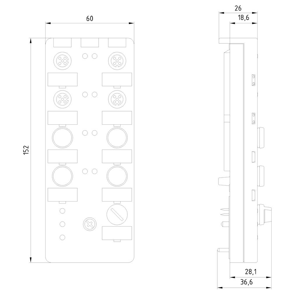 Technische Zeichnung eines rechteckigen elektrischen Geräts mit Maßen: Länge 152 mm, Breite 60 mm. Seitenansichthöhe 36,6 mm.