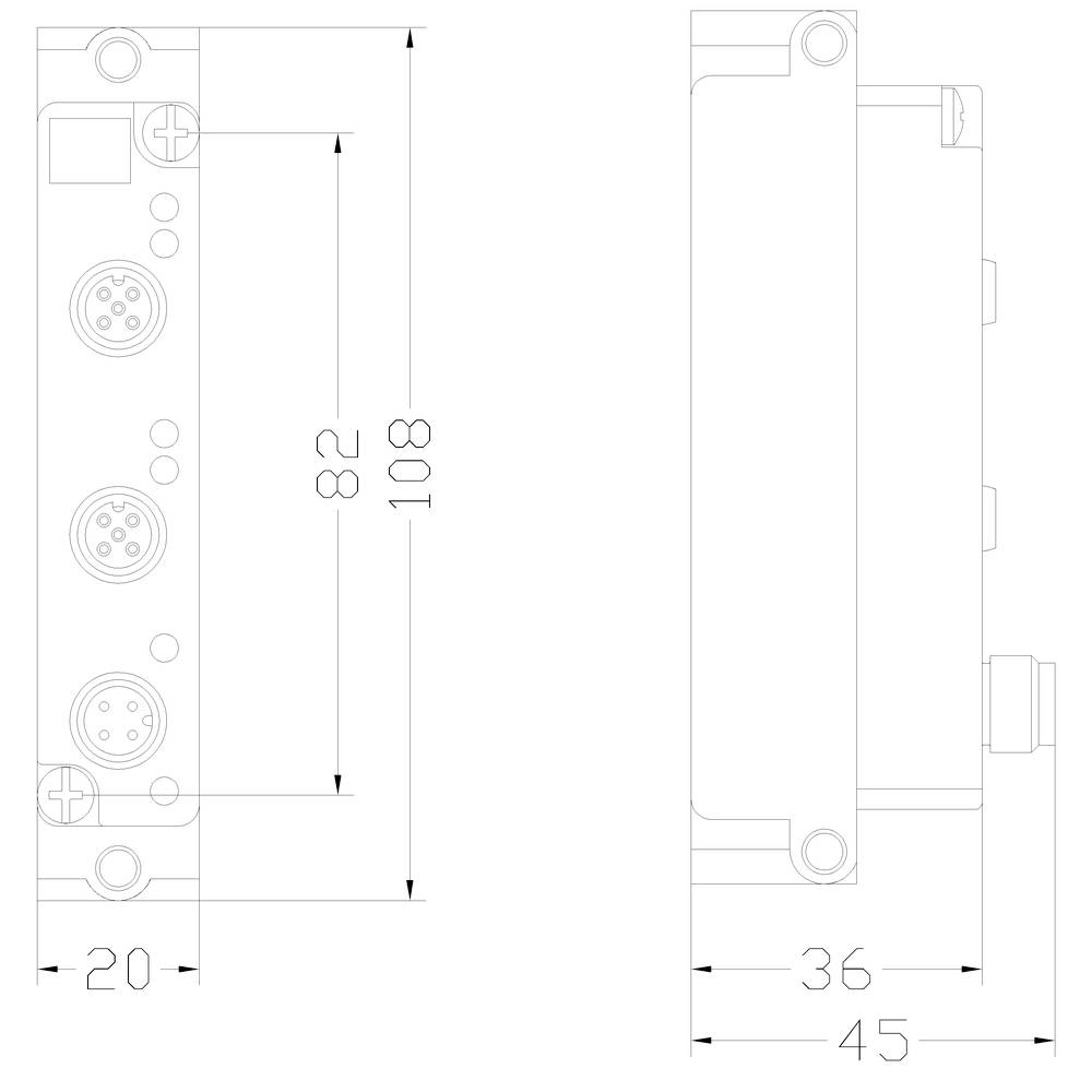 Technische Zeichnung eines rechteckigen Geräts mit Anschlussbuchsen und Maßen: Breite 20 mm, Höhe 82 mm, Tiefe 36 mm.