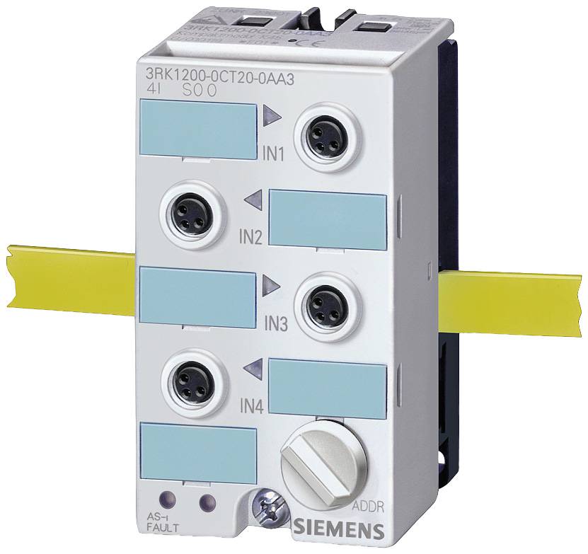 Ein modulares Siemens-Gerät mit mehreren Steckplätzen und Anschlüssen, gekennzeichnet als IN1 bis IN4, zur Steuerung elektrischer Systeme.