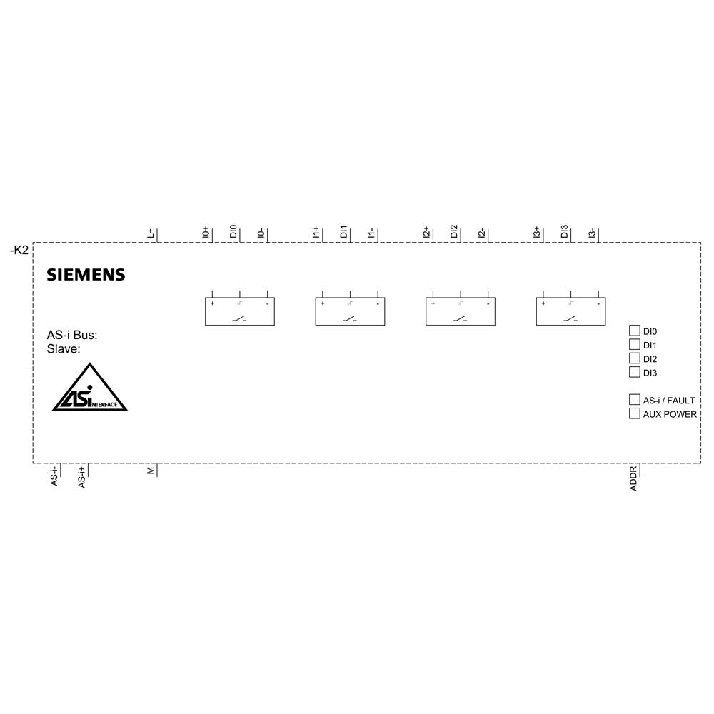 'SIEMENS' AS-Interface Modul mit vier Ports, LEDs für Statusanzeigen D0, D1, D2, D3, AS-i FAULT, AUX POWER, und Hinweisen zur Verdrahtung.
