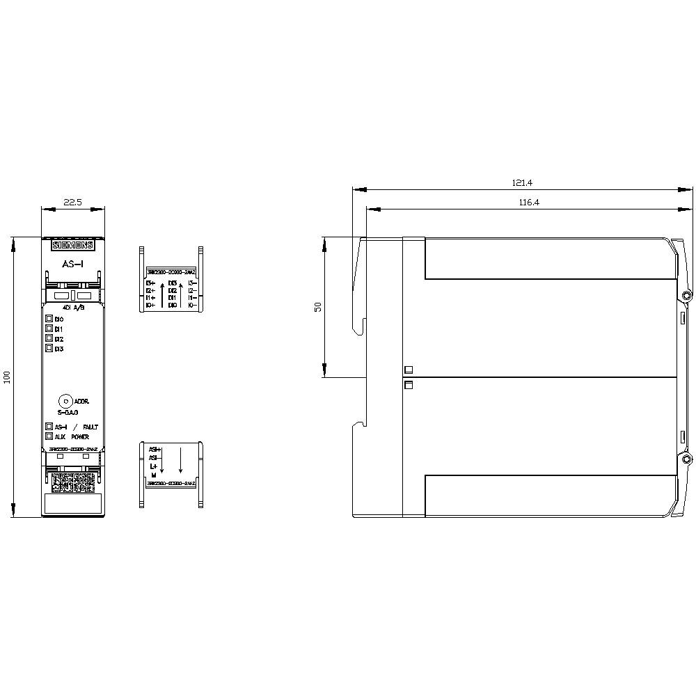 Technische Zeichnung eines Geräts mit Abmessungen: Höhe 100 mm, Breite 22,5 mm und 121,4 mm, Detailansichten von Anschlüssen und Seitenansicht.