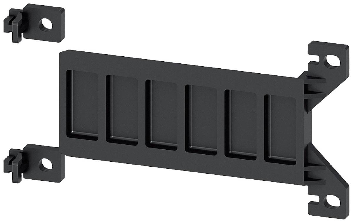 Schwarzer Kabelmanagement-Organizer mit mehreren Schlitzen zur Anordnung von Kabeln; rechteckige Form mit Befestigungslöchern.