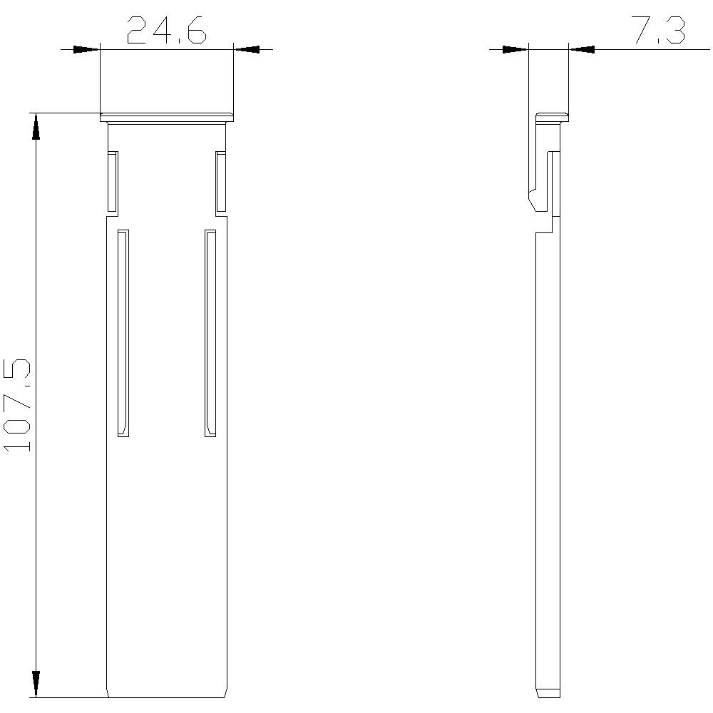 Technische Zeichnung eines zylindrischen Bauteils mit Abmessungen: Höhe 107,5 mm, Durchmesser 24,6 mm und Tiefe 7,3 mm.
