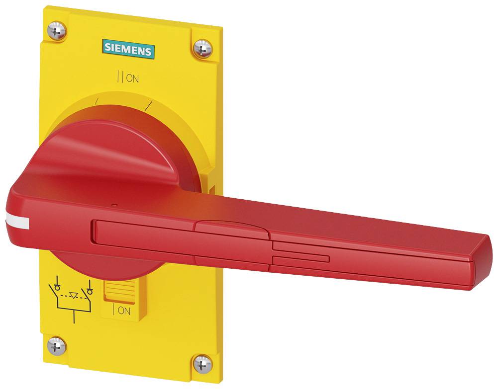 Roter Hebelgriff auf gelber Schaltfläche von Siemens, zeigt 'ON'. Design zur sicheren Bedienung von elektrischen Geräten oder Schaltungen.