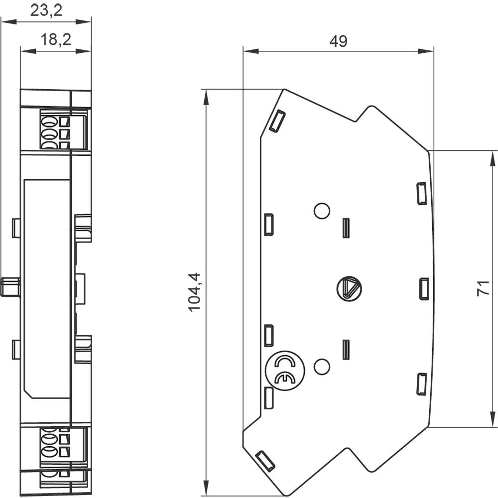 Technische Zeichnung eines elektrischen Geräts, Details umfassen Maße: 104,4 mm x 49 mm x 71 mm. Gehäuseform und Anschlussstellen sichtbar.