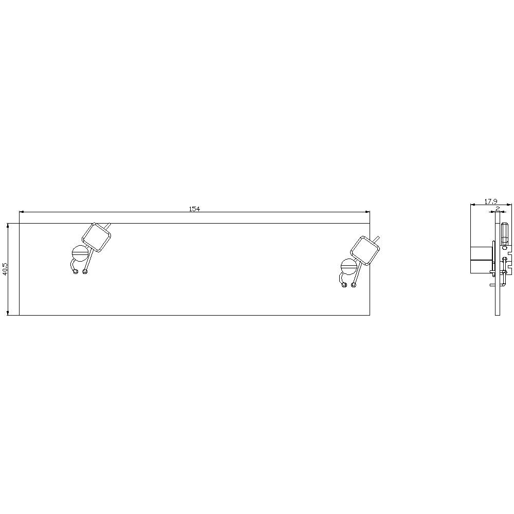 Technische Zeichnung eines rechteckigen Tisches mit zwei gepolsterten Stühlen an den Enden zeigt Abmessungen: 154 cm Länge, 52,4 cm Breite, 17,9 cm Höhe der Stühle.