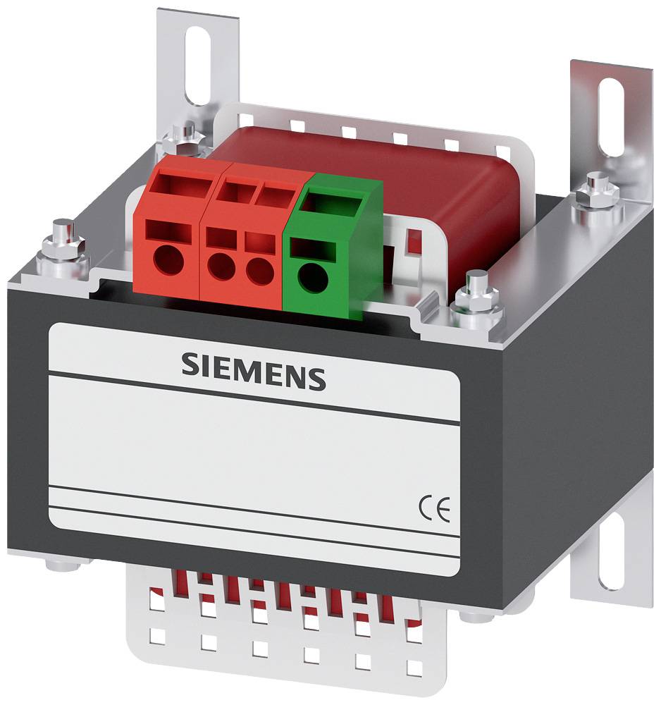 Ein Siemens-Transformator mit rotem und grünem Steckverbinder, montiert auf einem Metallrahmen, mit einem CE-Kennzeichen.