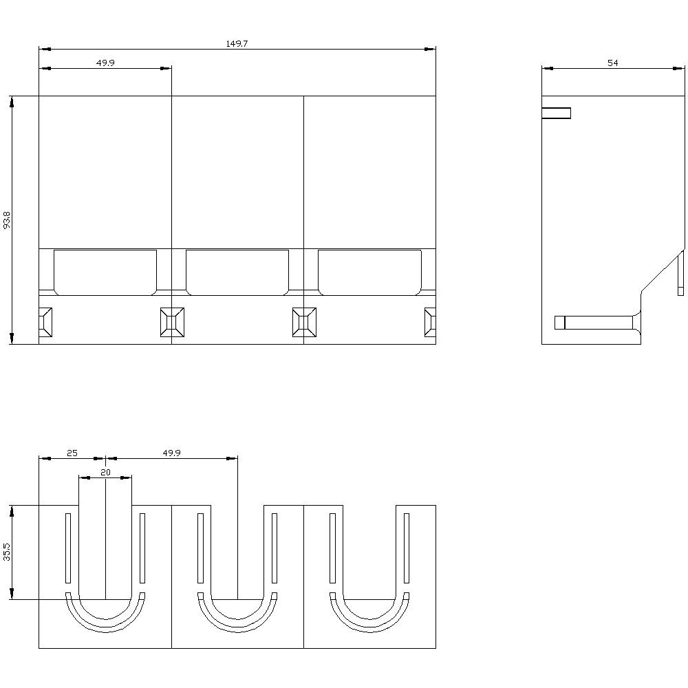 Technische Zeichnung eines dreiteiligen Montageblocks mit Maßen in Millimetern. Ansichten von oben, vorn und von der Seite.