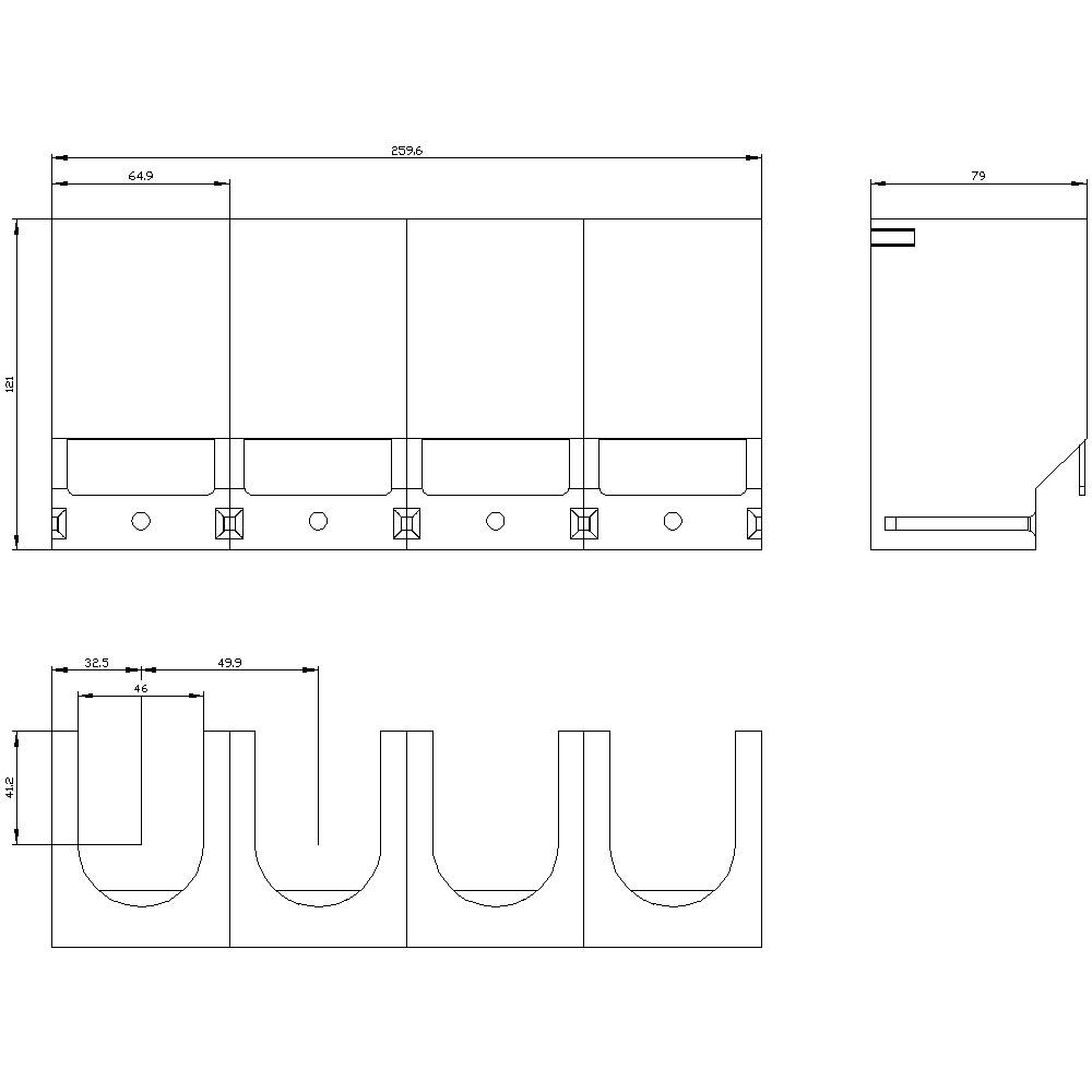 Technische Zeichnung eines Möbels mit Maßen. Frontal- und Seitenansicht sowie obere Ansicht mit mehreren Fächern und Abmessungen in Millimetern.