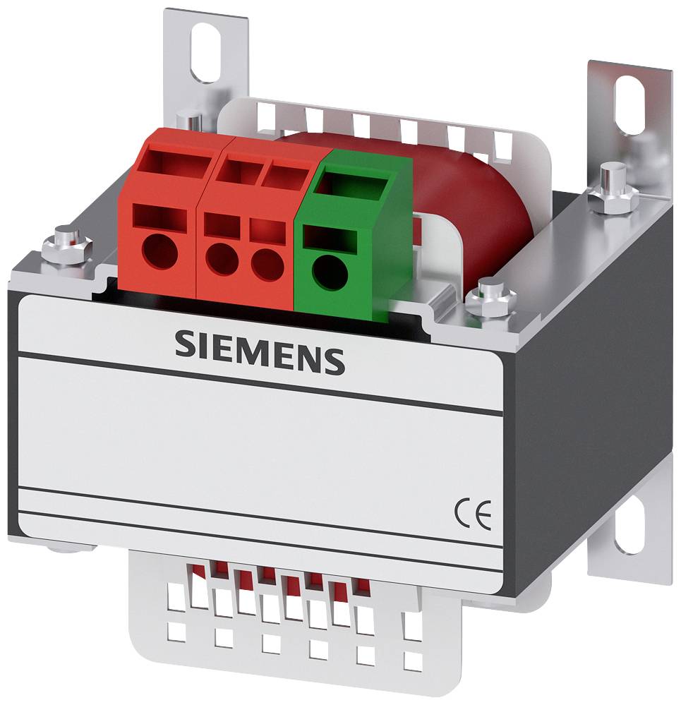 Ein elektrischer Transformator der Marke Siemens mit Schutzschaltungen. Gehäuse aus Metall, drei Anschlüsse oben, CE-Zeichen sichtbar.