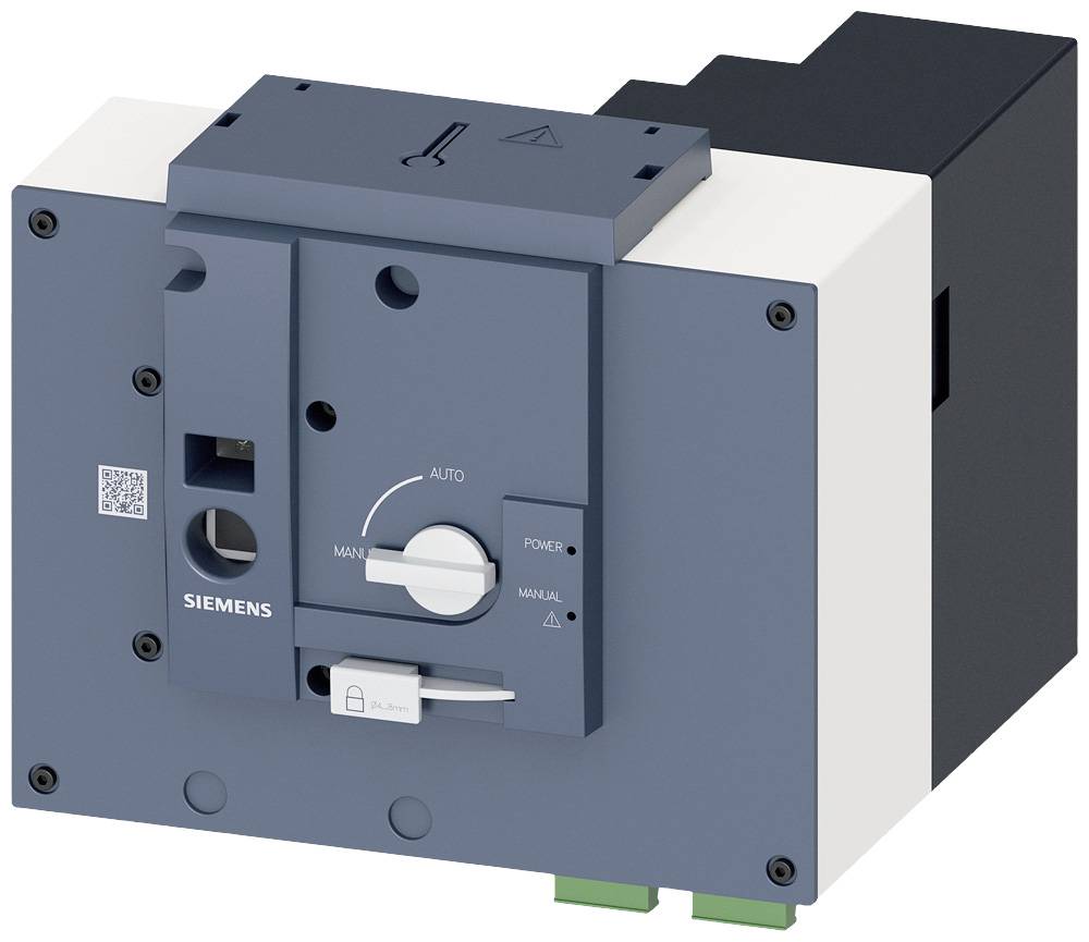 Ein blau-weißes Siemens-Gerät zur Steuerung von elektrischen Schaltkreisen, mit Schalter für 'Auto', 'Manuell' und 'Power'.