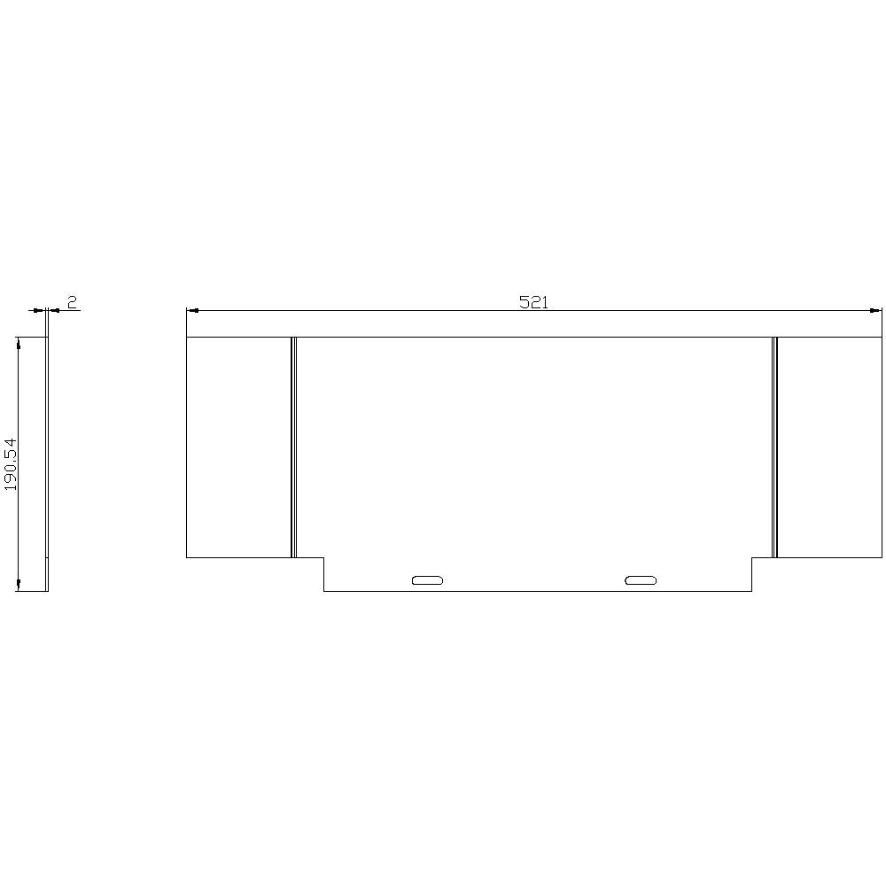Bauplan einer rechteckigen Struktur mit Maßen: Breite 521 mm, Höhe 195,54 mm, Details an den Seiten und der Mitte.