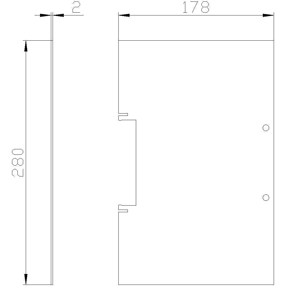 Technische Zeichnung eines rechteckigen Designs mit den Maßen 280 mm hoch, 178 mm breit und 2 mm tief. Enthält Kerben und Löcher.